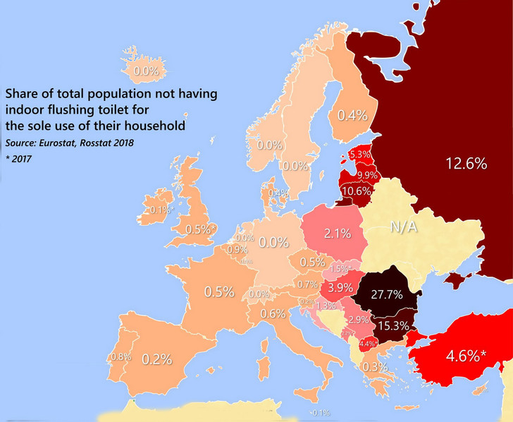 Карта Европы, показывающая, у какого процента жителей каждой страны дома нет туалета